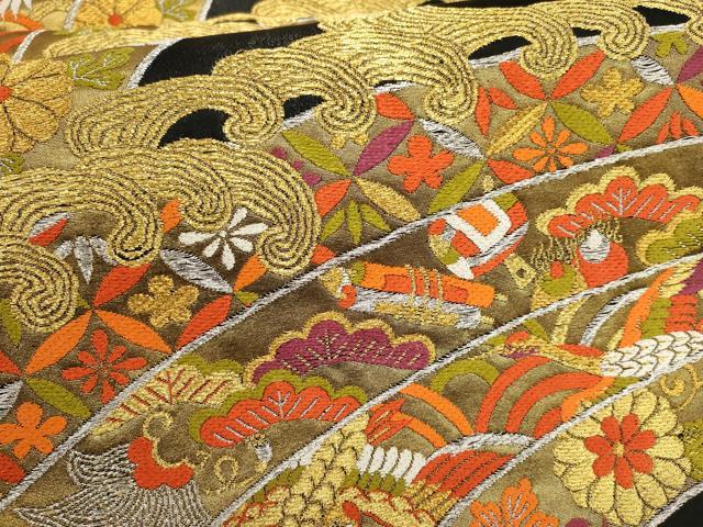 平和屋着物▼六通柄袋帯 立波飛鶴花文 黒地 金銀糸 正絹 逸品 AABD8237wj