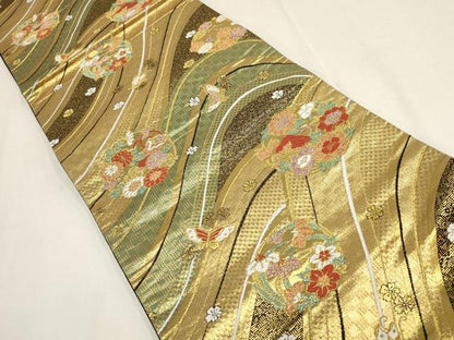 平和屋着物▼六通柄袋帯 流水花蝶丸文 黒地 金糸 正絹 逸品 AABD8244wj