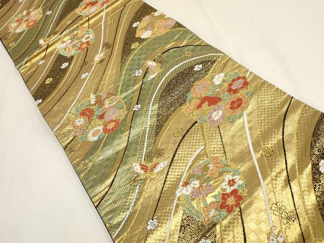 平和屋着物▼六通柄袋帯 流水花蝶丸文 黒地 金糸 正絹 逸品 AABD8244wj