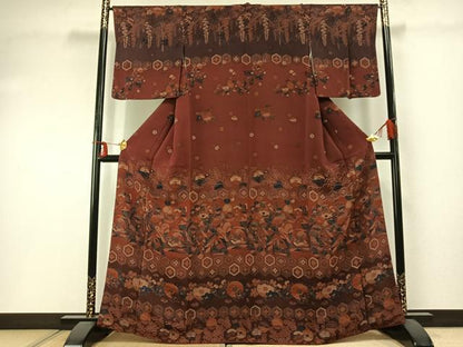 平和屋着物●訪問着　花鳥文　鬼しぼ縮緬　正絹　逸品　AABD8484fy