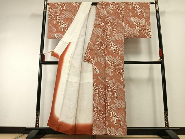 袖長 市松模様に花 着物 正絹 平和屋着物○上質な小紋 型染め 道長花文 鬼しぼ縮緬 正絹