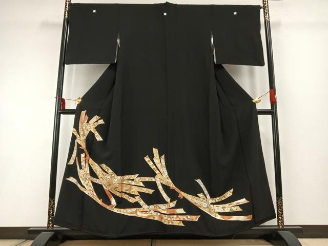 平和屋着物●豪華黒留袖　駒刺繍　熨斗花文　金彩　正絹　逸品　AABD8492fy