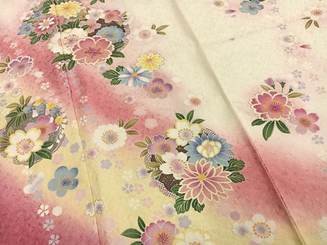 平和屋着物●豪華振袖　草花文　暈し染め　金彩　銀通し地　仮絵羽　逸品　未使用　AABD8495fy