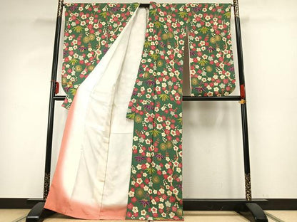 平和屋着物●摺型友禅　京都　多ち花　小振袖　二尺袖　能衣松竹梅　金彩　鬼しぼ縮緬　正絹　逸品　AABD8515fy