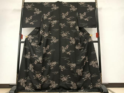 平和屋着物●上質な小紋　草花文　黒地　正絹　逸品　未使用　AABD8521fy