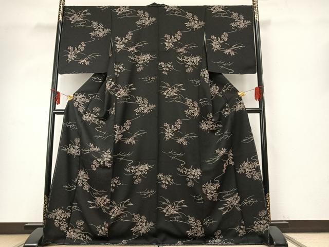 平和屋着物●上質な小紋　草花文　黒地　正絹　逸品　未使用　AABD8521fy