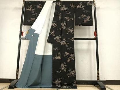 平和屋着物●上質な小紋　草花文　黒地　正絹　逸品　未使用　AABD8521fy