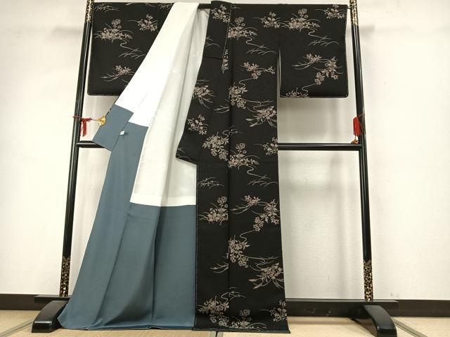 平和屋着物●上質な小紋　草花文　黒地　正絹　逸品　未使用　AABD8521fy