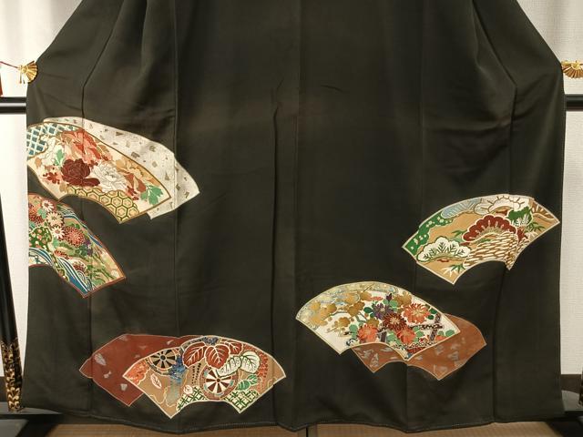 平和屋着物●アンティーク　大正ロマン　黒留袖　地紙花文　金銀彩　正絹　逸品　AABD8537fy