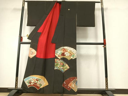 平和屋着物●アンティーク　大正ロマン　黒留袖　地紙花文　金銀彩　正絹　逸品　AABD8537fy