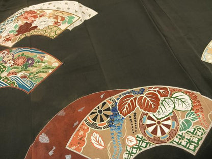 平和屋着物●アンティーク　大正ロマン　黒留袖　地紙花文　金銀彩　正絹　逸品　AABD8537fy