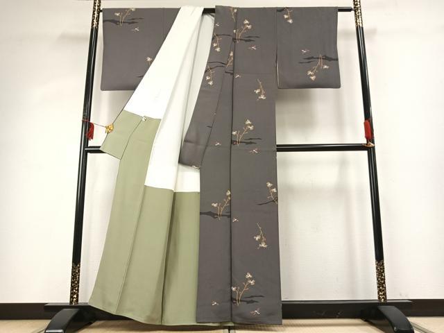 平和屋着物○上質な小紋 型染め 枝花文 勝虫 正絹 逸品