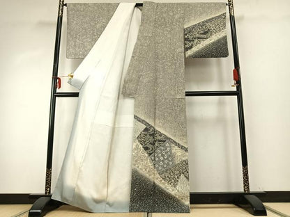 平和屋着物●訪問着　紬地　絞り　型染め　切嵌花文　正絹　逸品　AABD8606fy