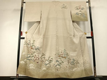 平和屋着物●訪問着 紬地 友禅 風景立波文 正絹 逸品 AABD8619fy