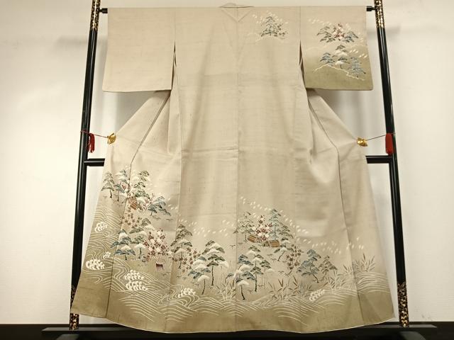 平和屋着物●訪問着 紬地 友禅 風景立波文 正絹 逸品 AABD8619fy