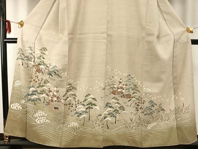 平和屋着物●訪問着 紬地 友禅 風景立波文 正絹 逸品 AABD8619fy