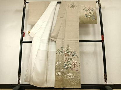 平和屋着物●訪問着 紬地 友禅 風景立波文 正絹 逸品 AABD8619fy