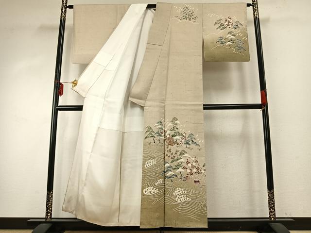平和屋着物●訪問着 紬地 友禅 風景立波文 正絹 逸品 AABD8619fy