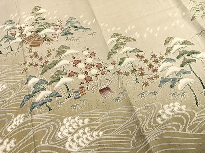 平和屋着物●訪問着 紬地 友禅 風景立波文 正絹 逸品 AABD8619fy
