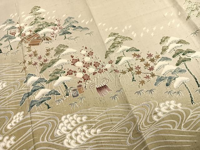 平和屋着物●訪問着 紬地 友禅 風景立波文 正絹 逸品 AABD8619fy