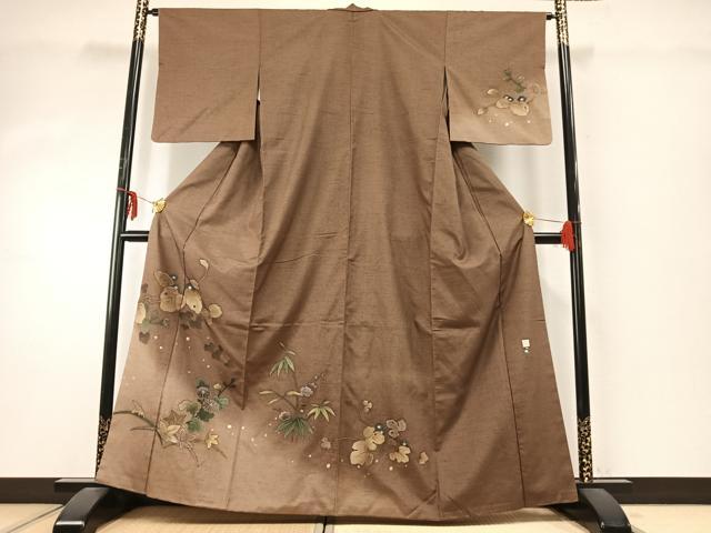 平和屋着物●訪問着 紬地 作家物 草花文 金彩 正絹 逸品 AABD8634fy