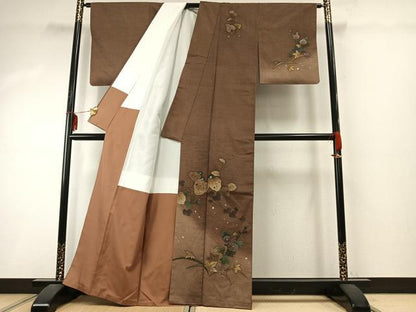 平和屋着物●訪問着 紬地 作家物 草花文 金彩 正絹 逸品 AABD8634fy