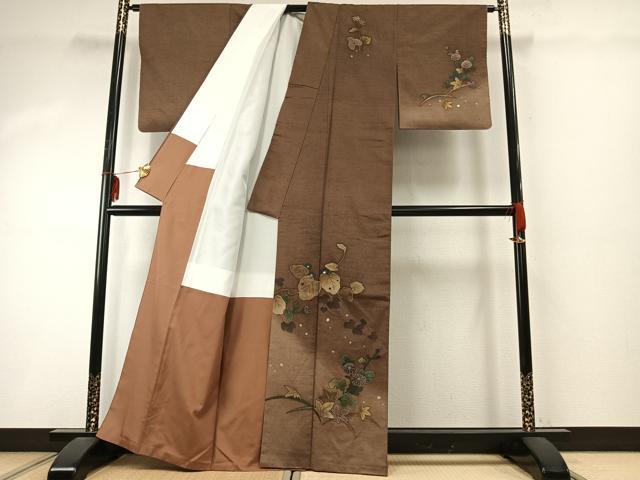 平和屋着物●訪問着 紬地 作家物 草花文 金彩 正絹 逸品 AABD8634fy