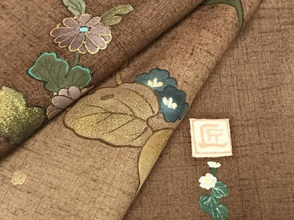 平和屋着物●訪問着 紬地 作家物 草花文 金彩 正絹 逸品 AABD8634fy