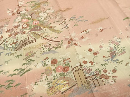 平和屋着物●訪問着　友禅　扇面花文　暈し染め　金彩　正絹　逸品　AABD8665fy