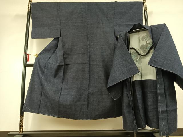 平和屋着物○男性 結城紬 杢 アンサンブル 霞文 反端付き 正絹 逸品 未