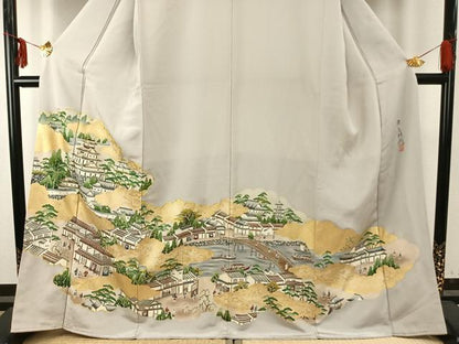 平和屋着物●十七代京屋林蔵　色留袖　駒刺繍　人物風景文　金彩　鬼しぼ縮緬　正絹　逸品　AABD8677fy