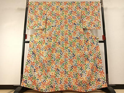 平和屋着物●上質な小紋　型染め　市松花文　鬼しぼ縮緬　正絹　逸品　AABD8698fy
