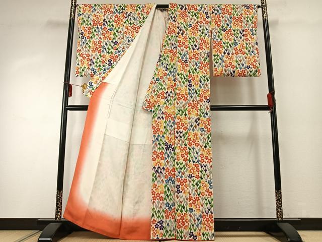 平和屋着物●上質な小紋　型染め　市松花文　鬼しぼ縮緬　正絹　逸品　AABD8698fy