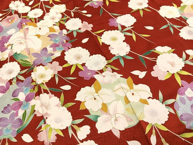 平和屋着物●豪華振袖　友禅　駒刺繍　枝花文　金彩　銀糸　正絹　逸品　AABD8713fy