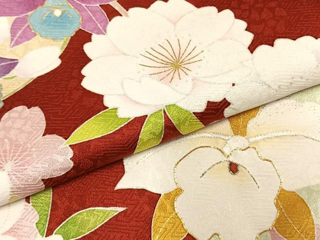 平和屋着物●豪華振袖　友禅　駒刺繍　枝花文　金彩　銀糸　正絹　逸品　AABD8713fy