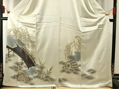 平和屋着物●銀座きしや　訪問着　手描き　駒刺繍　風景文　暈し染め　金糸　金彩　たとう紙付き　正絹　逸品　AABD8724fy