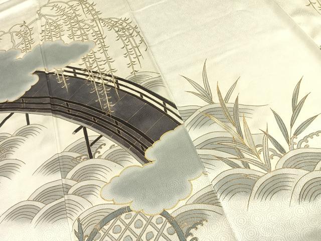 平和屋着物●銀座きしや　訪問着　手描き　駒刺繍　風景文　暈し染め　金糸　金彩　たとう紙付き　正絹　逸品　AABD8724fy