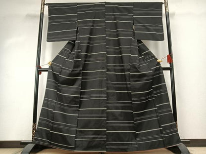 平和屋着物●上質な紬　横段文　黒地　正絹　逸品　AABD8730fy