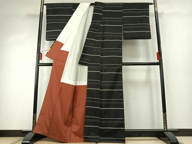 平和屋着物●上質な紬　横段文　黒地　正絹　逸品　AABD8730fy
