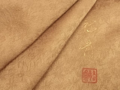 平和屋着物●染色作家　奥田祐斎　色無地　舞葉地紋　璃寛茶色　正絹　逸品　AABD8737fy