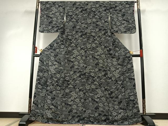 平和屋着物●上質な小紋　風景花文　黒地　鬼しぼ縮緬　正絹　逸品　AABD8739fy