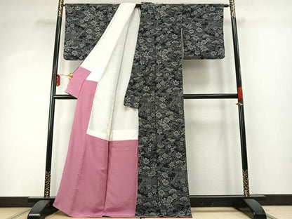 平和屋着物●上質な小紋　風景花文　黒地　鬼しぼ縮緬　正絹　逸品　AABD8739fy