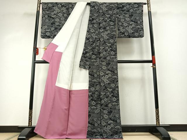 平和屋着物●上質な小紋　風景花文　黒地　鬼しぼ縮緬　正絹　逸品　AABD8739fy