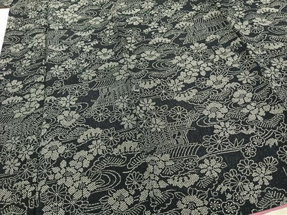 平和屋着物●上質な小紋　風景花文　黒地　鬼しぼ縮緬　正絹　逸品　AABD8739fy