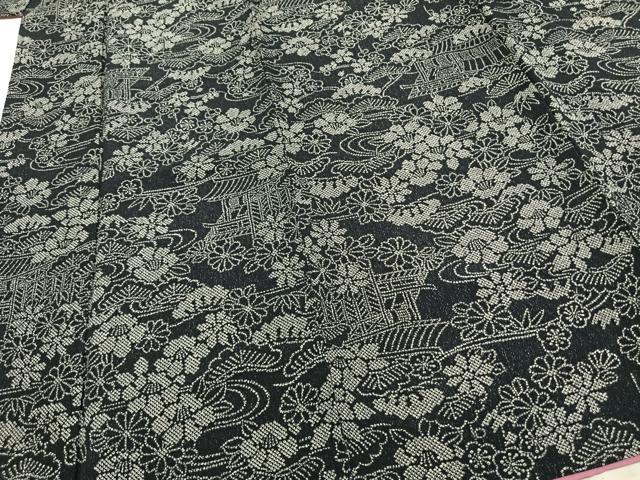 平和屋着物●上質な小紋　風景花文　黒地　鬼しぼ縮緬　正絹　逸品　AABD8739fy