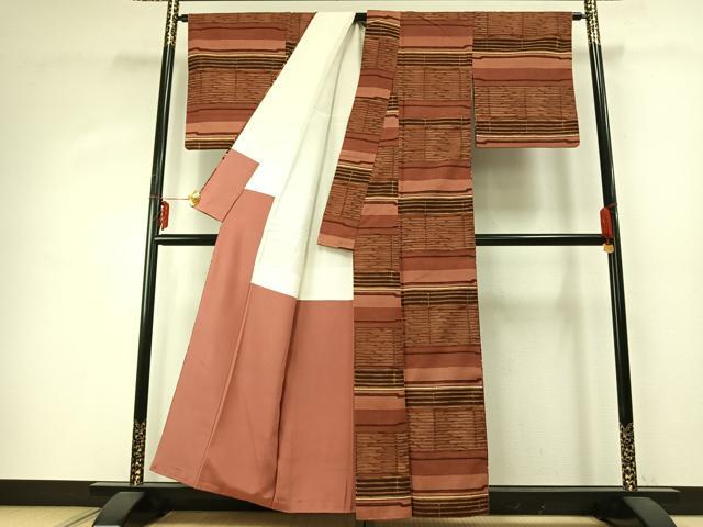 平和屋着物●上質な紬　横段文　正絹　逸品　AABD8741fy