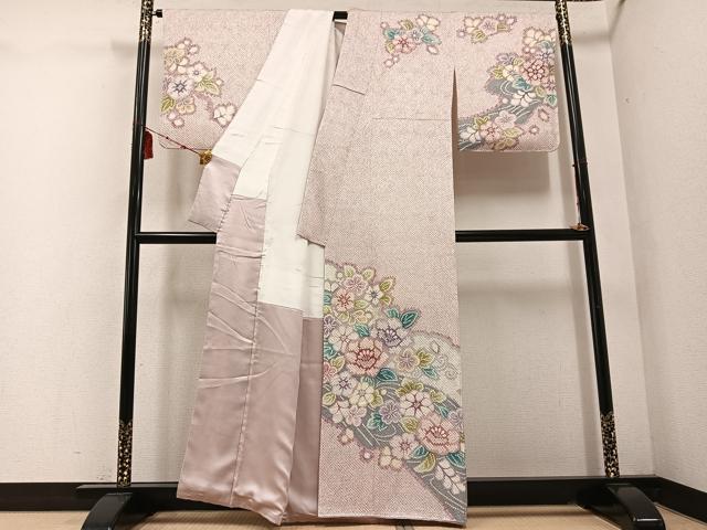 平和屋着物●訪問着　絞り　草花文　正絹　逸品　AABD8819ph