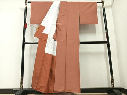 平和屋着物●上質な紬　色無地　真赭色　正絹　逸品　AABD8838ph