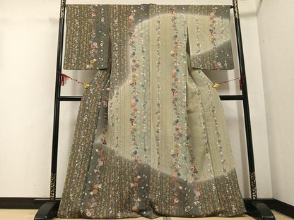 平和屋着物●訪問着 草花文 暈し染め 金彩 鬼しぼ縮緬 正絹 逸品 AABD8878ph