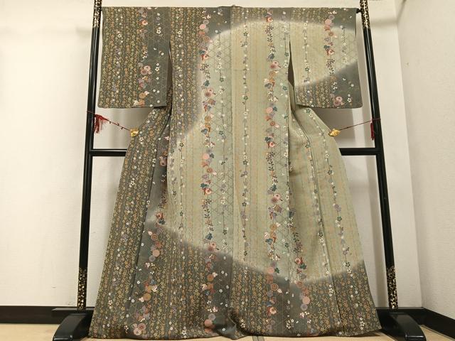 平和屋着物●訪問着 草花文 暈し染め 金彩 鬼しぼ縮緬 正絹 逸品 AABD8878ph